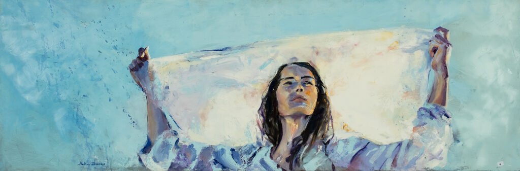 Peinture de Matthieu Brazes : femme tenant un linge blanc levé au-dessus de la tête, tons bleus