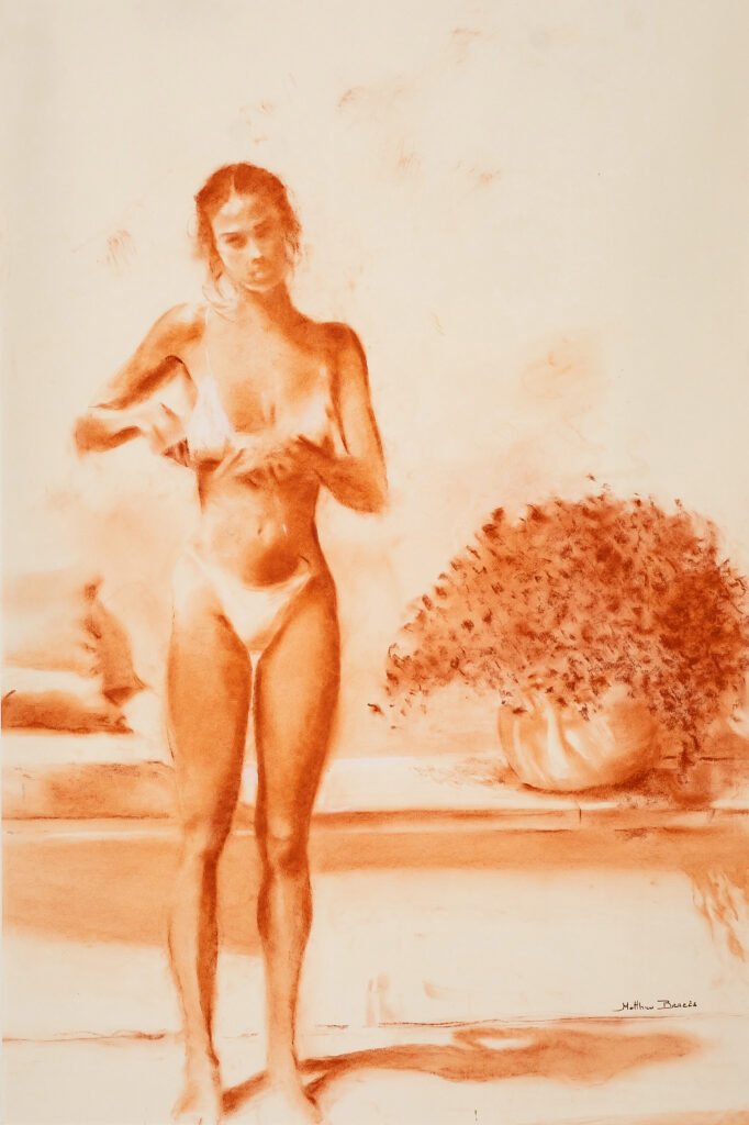 Sanguine de Matthieu Brazes : femme nue debout, mains croisées sur la poitrine, vase de fleurs à côté
