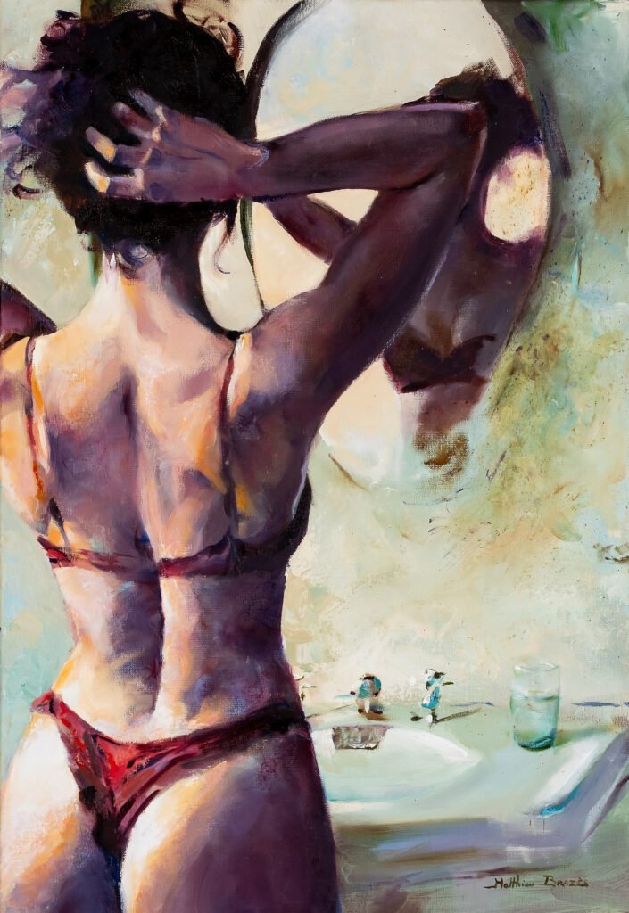 Peinture de Matthieu Brazes : femme vue de dos se coiffant devant un miroir, sous-vêtements rouges