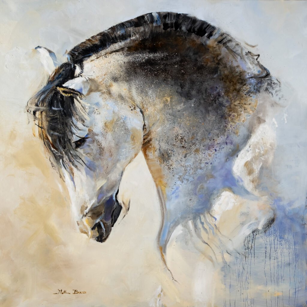 Peinture de Matthieu Brazes : tête de cheval gris à la crinière sombre, tons clairs