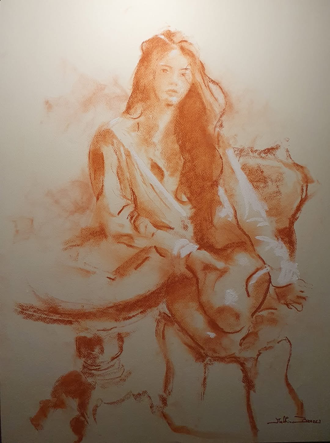 Sanguine de Matthieu Brazes : première séance de pose, femme assise et figure allongée