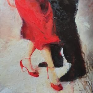Huile sur toile de Matthieu Brazes : tango argentin, jambes de danseurs et escarpins rouges
