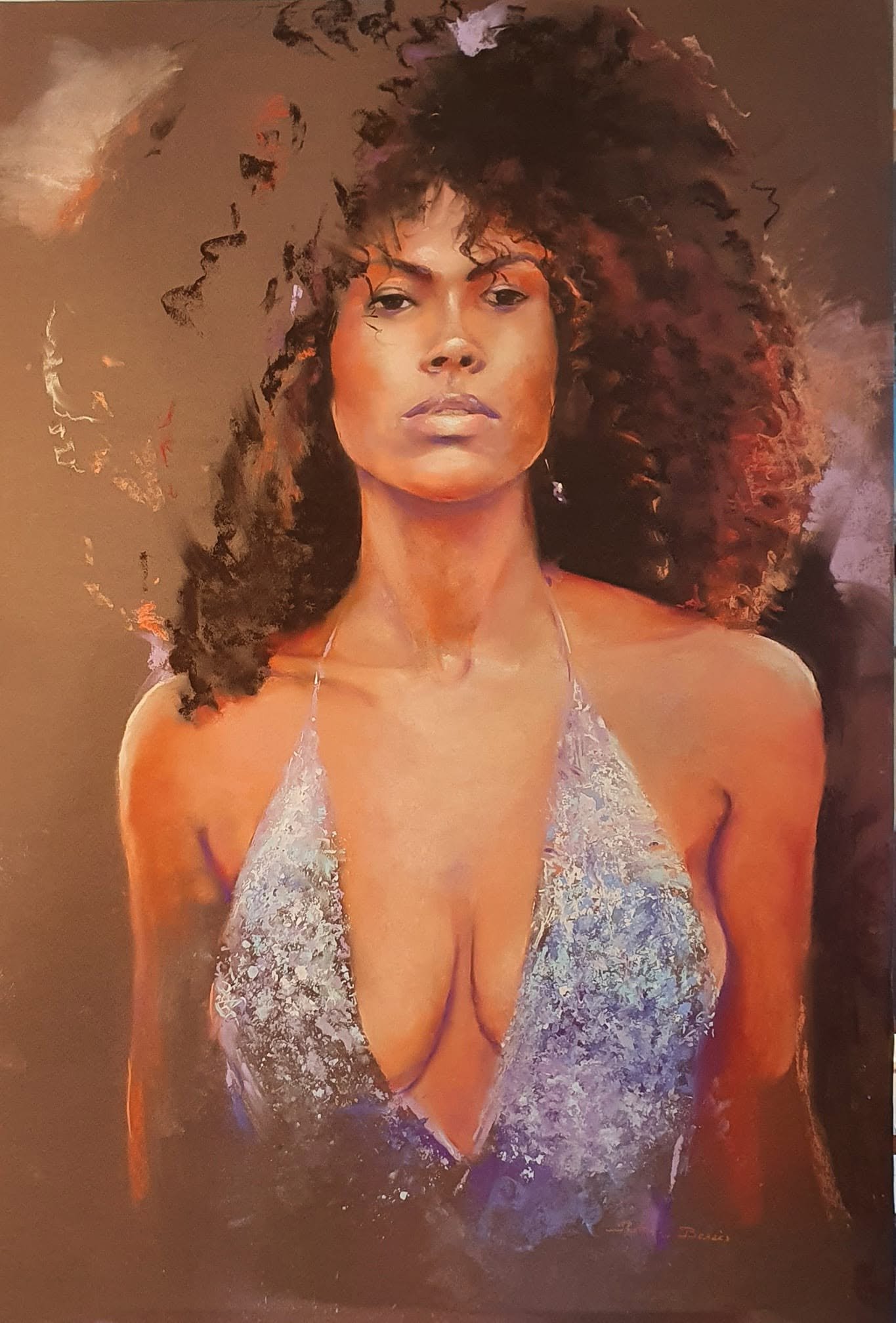 Pastel de Matthieu Brazes : portrait de Tina, chevelure bouclée, haut pailleté bleu