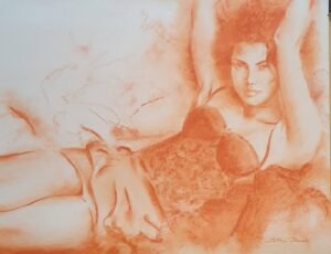 Sanguine de Matthieu Brazes : femme allongée, bras replié au-dessus de la tête