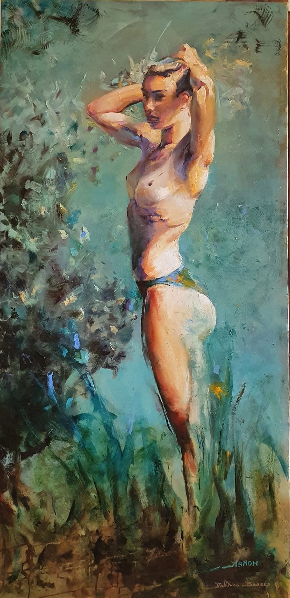 Huile sur toile de Matthieu Brazes : Manon près du lac, jeune femme au bord de l'eau