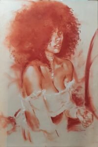 Sanguine de Matthieu Brazes : jeune femme aux cheveux bouclés, épaule dénudée