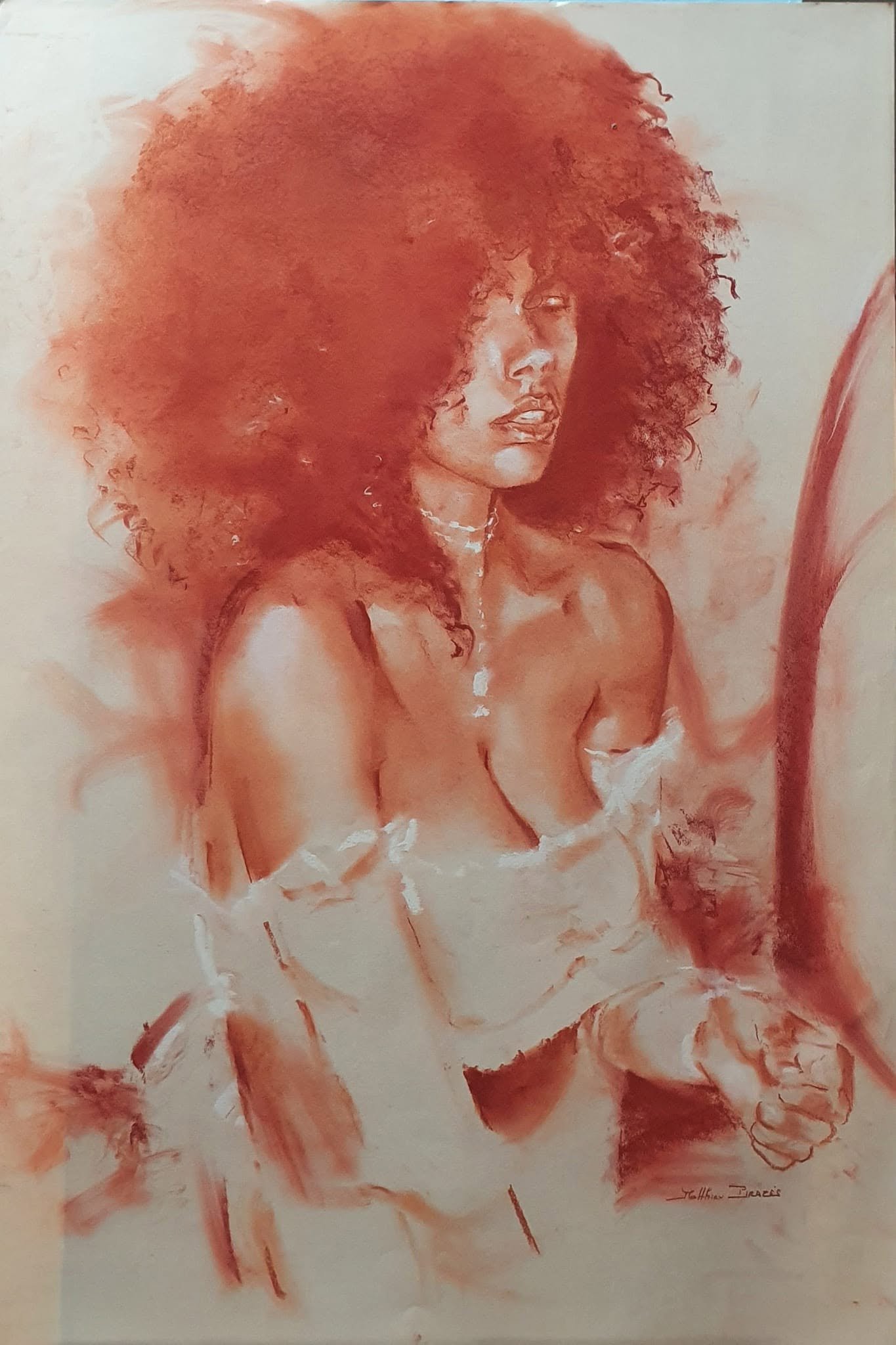Sanguine de Matthieu Brazes : jeune femme aux cheveux bouclés, épaule dénudée