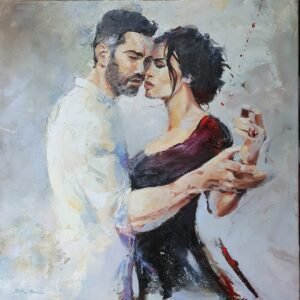 Huile sur toile de Matthieu Brazes : Tango libre, couple de danseurs enlacés