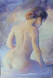 Huile sur toile de Matthieu Brazes : Trop dormi, nu féminin assis de dos