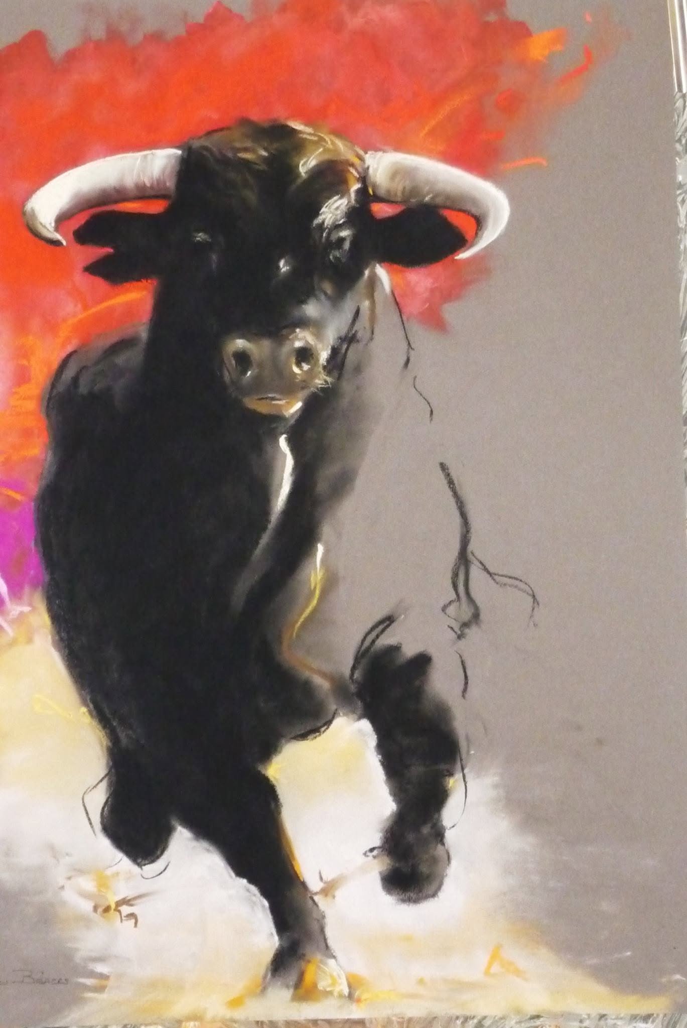 Taureau noir chargeant sur fond rouge, œuvre de Matthieu Brazes