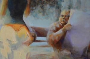 Scène de vie peinte par Matthieu Brazes : personnages et lecture