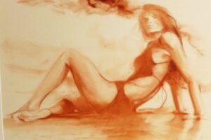 Sanguine de Matthieu Brazes : nu féminin allongé, appuyé sur un coude