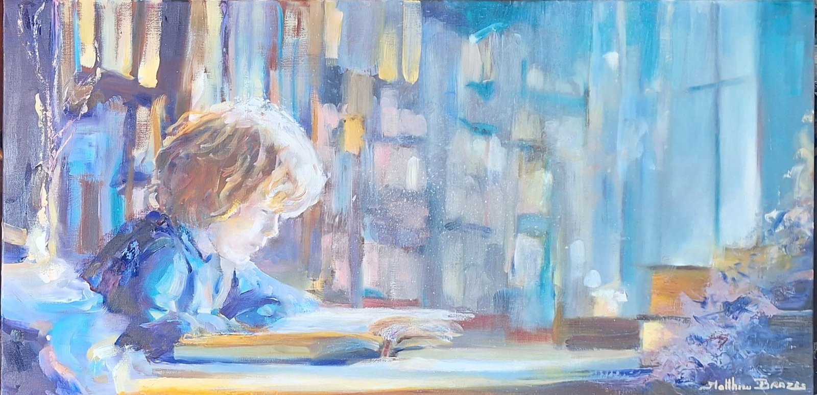 Huile sur toile de Matthieu Brazes : enfant lisant devant une bibliothèque illuminée