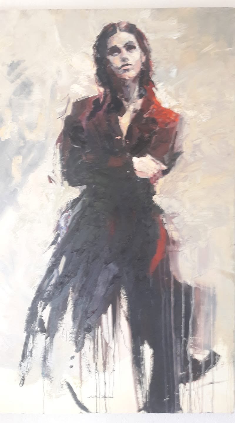 Femme en pied à la robe sombre, œuvre de Matthieu Brazes