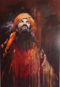 Huile sur toile de Matthieu Brazes : homme au turban, portrait aux tons flamboyants