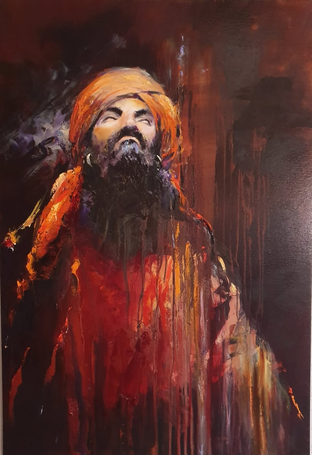 Huile sur toile de Matthieu Brazes : homme au turban, portrait aux tons flamboyants