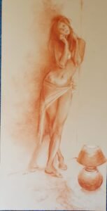 Sanguine de Matthieu Brazes : femme debout drapée, près d'une lampe