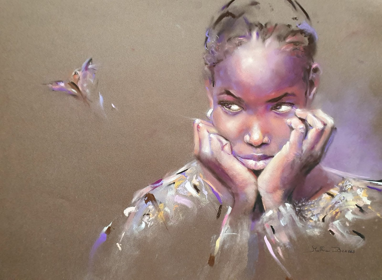 Pastel de Matthieu Brazes : portrait d'enfant, mains sous le menton