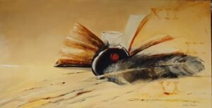 Huile sur toile de Matthieu Brazes : nature morte au livre ancien et à la plume, œuvre sur commande